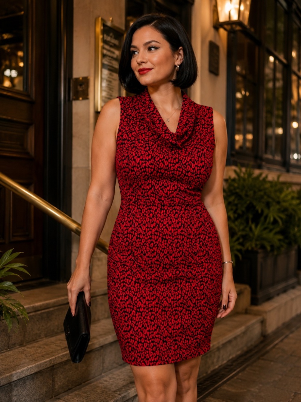 Calvin Klein Red Black Leopard Print Sheath Dress - Estimated Sz 12